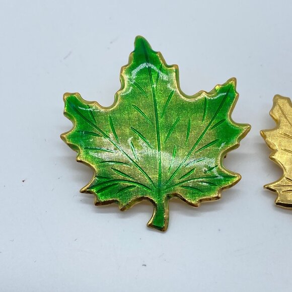 Vintage Gold Tone Fall Enamel Maple Leaf Brooch Pins Set Of 3 Gold Green & Brown - Picture 4 of 10
